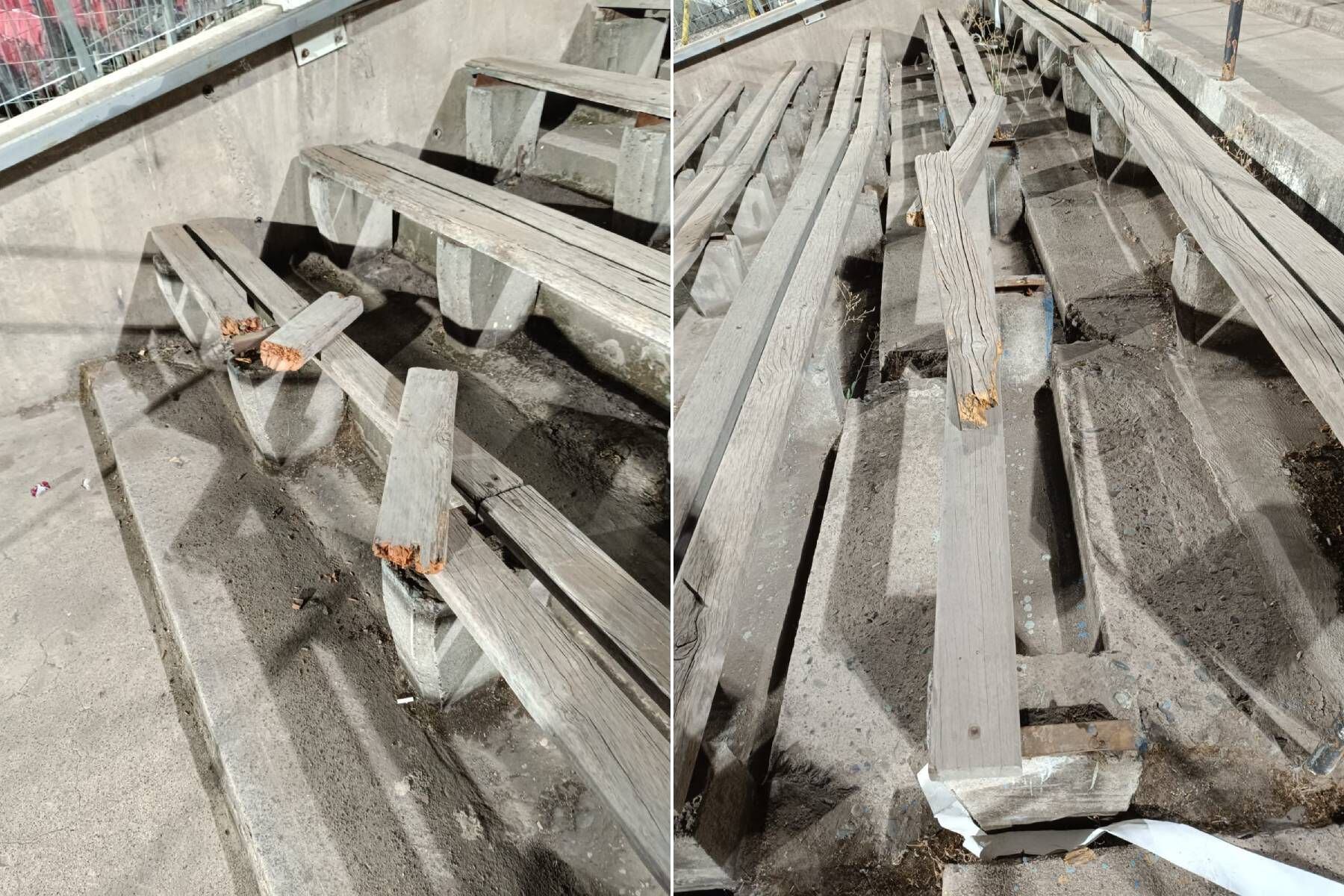 Los tablones quebrados de la zona del Memorial del Estadio Nacional.
